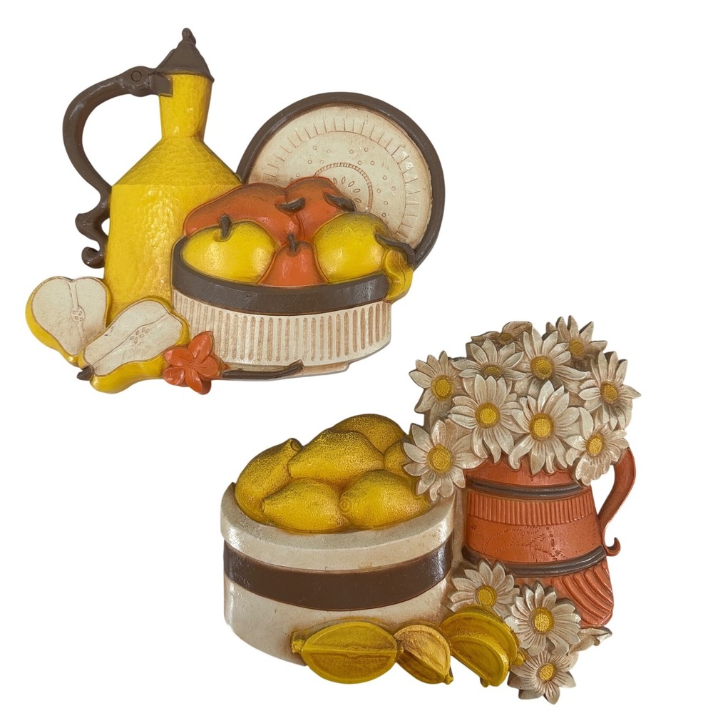 Vintage 1971 Syroco Homco Fruit Daisy Wall Plaques Set of 2 Kitchen Decor 7810